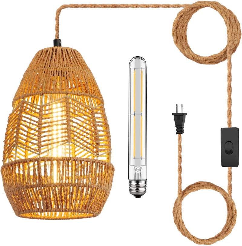 tebio Plug in Pendant Light Rattan Hanging Lights with Plug in Cord 15FT Hemp Rope Cord, On/Off Switch Chandelier for Boho Living Room Bedroom Kitchen（Bulb Included） 11 x 7 inch - Image 1